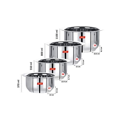 Sumeet Stainless Steel Tope/patila/cookware, 370, 550, 800, 1100ml, 4 Piece (Steel) - Image 4