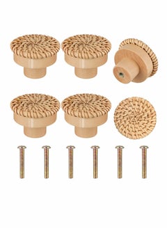 Wooden Drawer Knobs, Rattan Dresser Knobs Round Handmade Wicker Woven and Screws for Boho Furniture Cabinets Handles Hardware Pulls Cabinet (6 6 Screws)