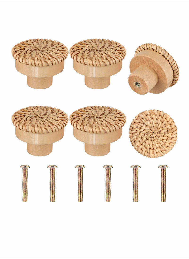 Generic - Wooden Drawer Knobs, Rattan Dresser Knobs Round Handmade Wicker Woven and Screws for Boho Furniture Cabinets Handles Hardware Pulls Cabinet (6 6 Screws) - Image 1