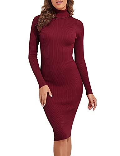 PrettyGuide Women Slim Fit Ribbed Turtleneck Long Sleeve Midi Knit Sweater Dress Burgundy S - Image 2
