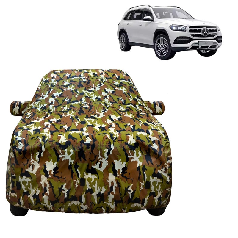 VYAS 100% Waterproof Car Body Cover for Merceadse Benz Gls with Mirror Pocket Triple Stitched Belt & Buckle Fitting Dual Elastic, Durable Material Jungle Print Camouflage Design - Image 1
