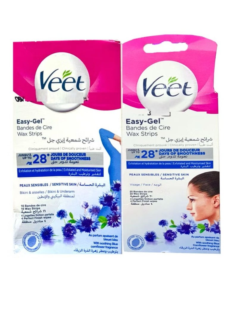 Veet Hair Removal Wax Stripes For Visage Face Peaux Sensibles Sensitive Skin + Veet Hair Removal For Bikini & Underarm Sensitive Skin 