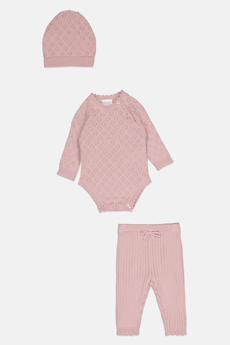 Rock-A-Bye Baby Boutique Toddlers Girl 3 Pieces Knitted Bodysuit And Tights With Cap Set, Rose Gold - Image 2