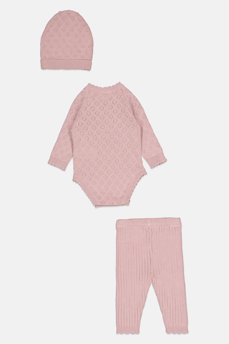 Rock-A-Bye Baby Boutique Toddlers Girl 3 Pieces Knitted Bodysuit And Tights With Cap Set, Rose Gold - Image 1