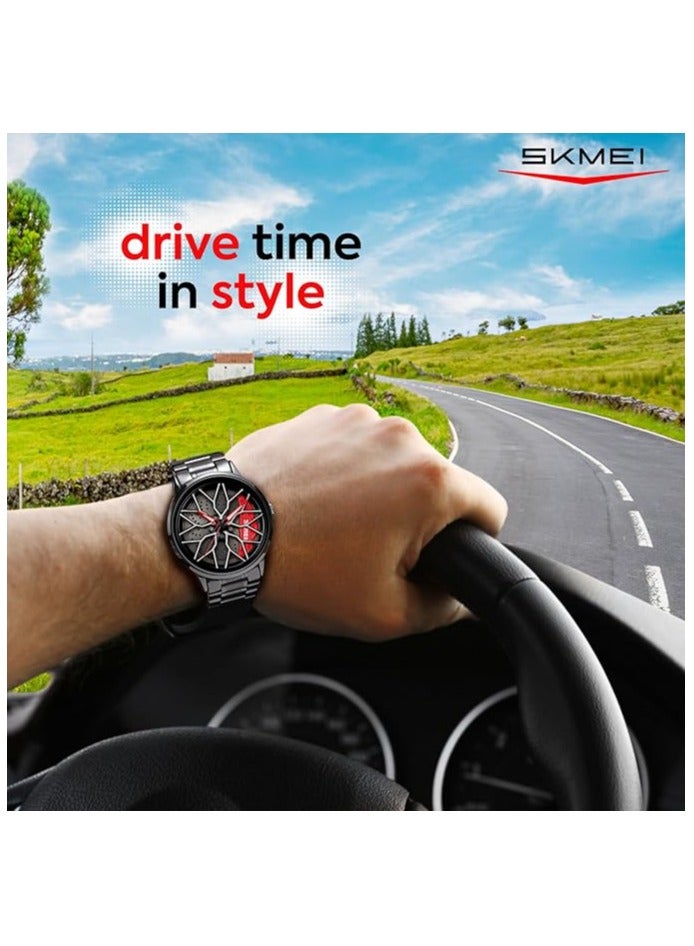 SKMEI Men's Sports Watch 3D Hollow Wheel Design Stainless Steel Watch Waterproof Car Wheel Rolling Spinning Dial Watch 1990D - Image 5