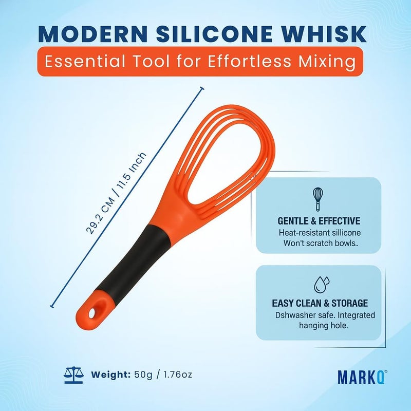 MARKQ Flat and Balloon Collapsible Twist Whisk - Silicone Egg Beater, Handheld Mixer, Baking and Cooking Tool for Kitchen - Orange - Image 2