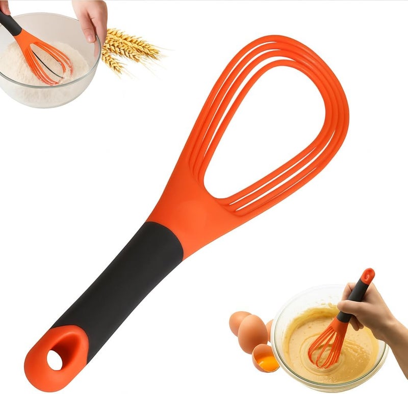 MARKQ Flat and Balloon Collapsible Twist Whisk - Silicone Egg Beater, Handheld Mixer, Baking and Cooking Tool for Kitchen - Orange - Image 1