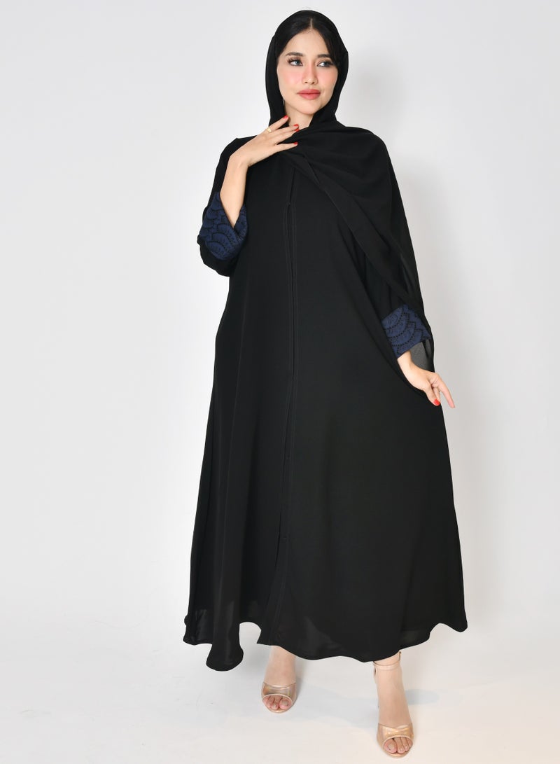 عبايات حوراء عباية سوداء ربع كلوش مغلقة بطقطق بكم دبل مبطن بقماش الدانتيل الكحلي - Image 3