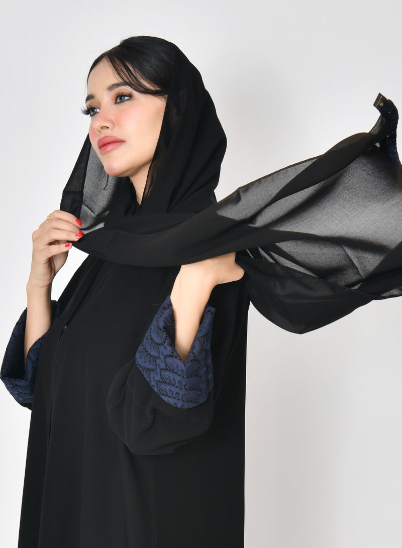 عبايات حوراء عباية سوداء ربع كلوش مغلقة بطقطق بكم دبل مبطن بقماش الدانتيل الكحلي - Image 5