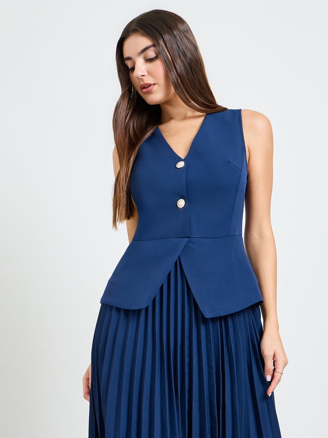 Styli Navy Blue Pleated Blazer Midi Dress - Image 2