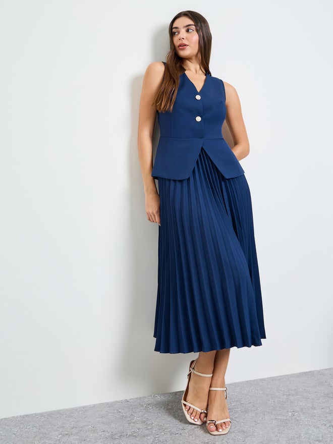 Styli Navy Blue Pleated Blazer Midi Dress - Image 1