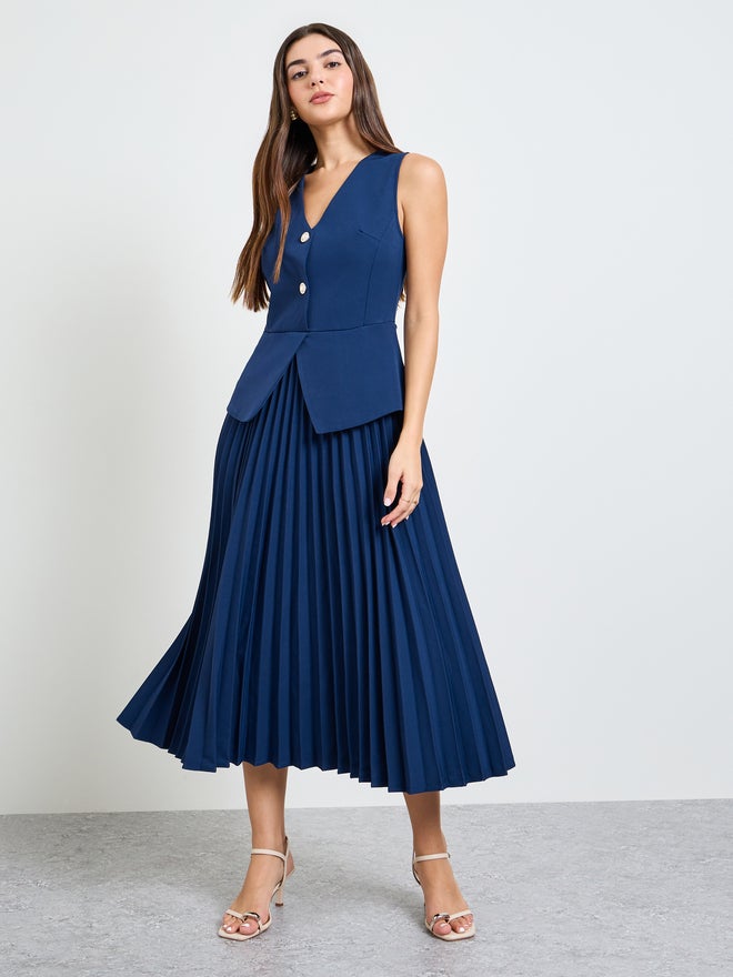 Styli Navy Blue Pleated Blazer Midi Dress - Image 3