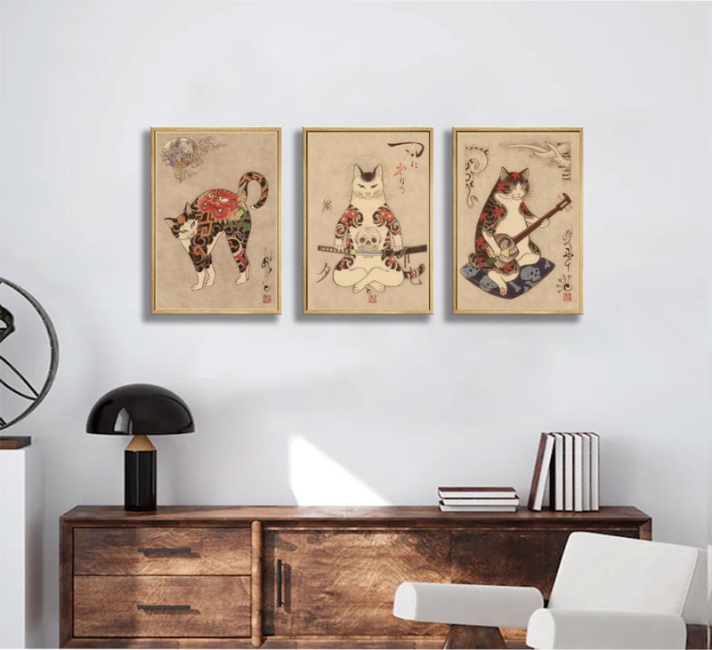 NBYARTQ 6 قطع من فنون الجدران لقطط الساموراي اليابانية - ملصقات ديكور بوشيدو الياباني - لوحات كونغ فو - صور مضحكة خيالية - ملصق قماش لغرفة المعيشة وغرفة النوم والفن المنزلي - Image 4