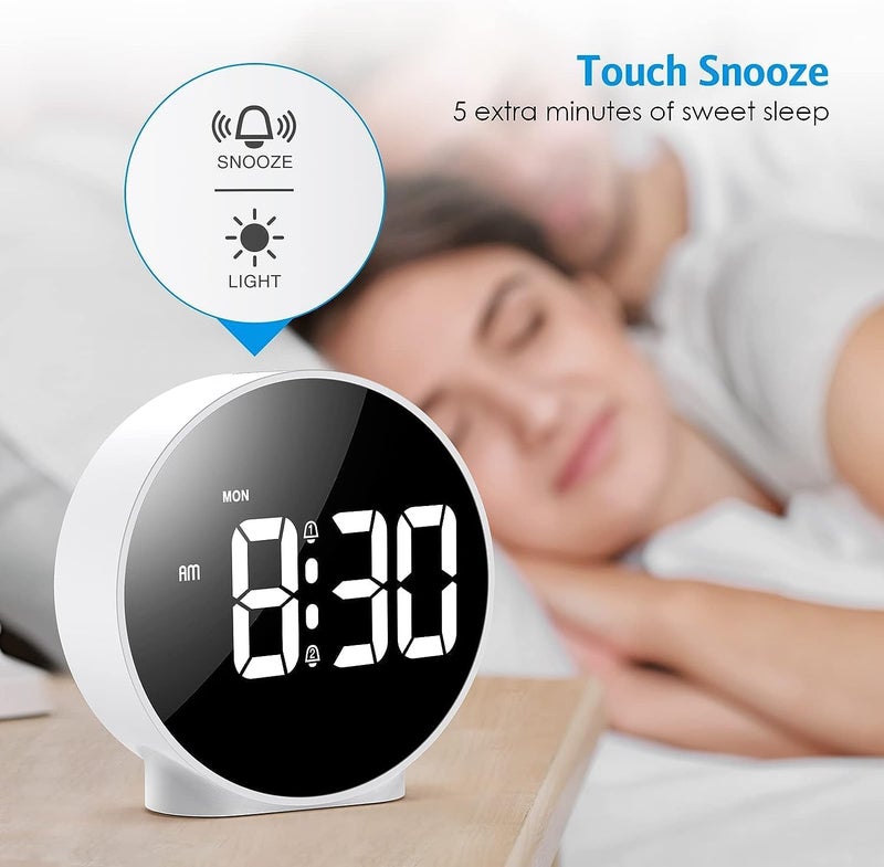 Meneflix Led Alarm Clock Digital Round Clock with Voice and Touch Activated 2 Separate Alarms Snooze Week 4 Adjustable Brightness USBBattery Powered White - Image 5