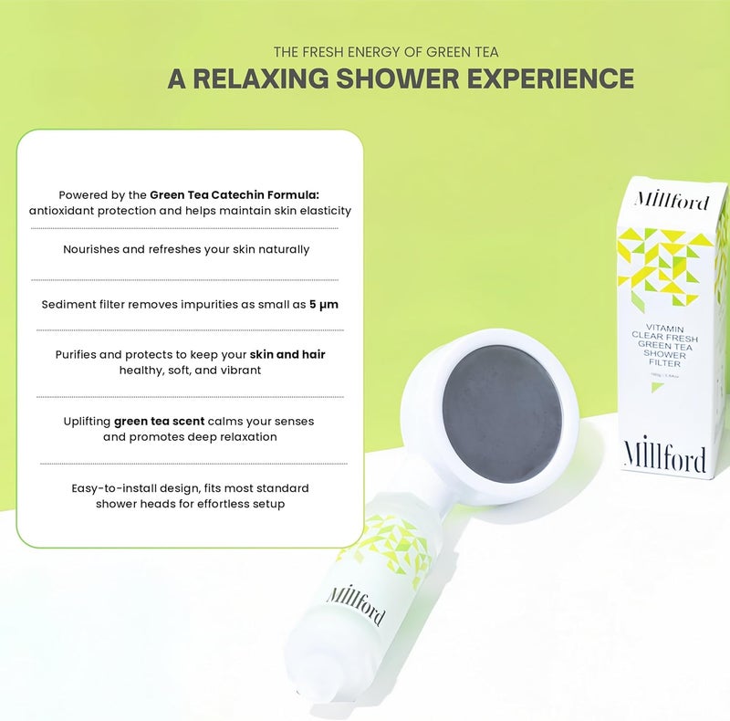 Millford Vitamin C Shower Filter - Korean Purifier for Hard Water, Removes 99% Chlorine & Impurities, Natural Shower Infuser Detox, Deep Cleansing for Skin & Hair Hydration Boost (Green Tea Scent) - Image 3
