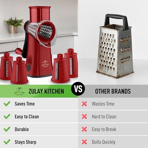 Zulay Kitchen Rotary Cheese Grater 5 Blade Cheese Shredder Manual Hand Crank Cheese Grater With Reinforced Suction 5 Interchangeable Drums Easy to Use Vegetable Chopper Round Mandoline Slicer - Image 3