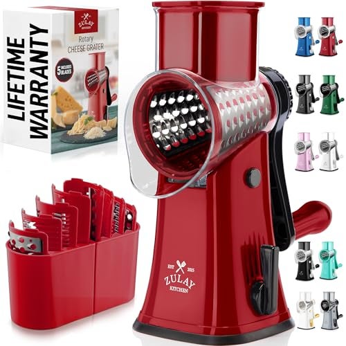 Zulay Kitchen Rotary Cheese Grater 5 Blade Cheese Shredder Manual Hand Crank Cheese Grater With Reinforced Suction 5 Interchangeable Drums Easy to Use Vegetable Chopper Round Mandoline Slicer - Image 1