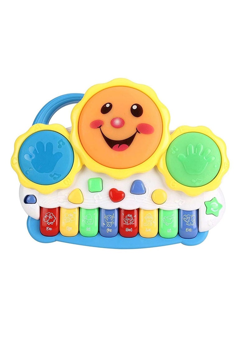 An educational piano for children with a fun design that encourages learning through play! It features animal sounds, musical notes, interactive buttons with attractive colors, and sensory-stimulating shapes, as well as left and right-hand buttons and a smiley face that promotes interaction. Ideal for developing auditory, visual, and motor skills for children aged one year and older. - Image 1