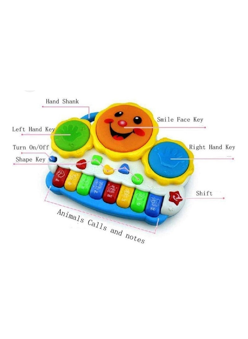 An educational piano for children with a fun design that encourages learning through play! It features animal sounds, musical notes, interactive buttons with attractive colors, and sensory-stimulating shapes, as well as left and right-hand buttons and a smiley face that promotes interaction. Ideal for developing auditory, visual, and motor skills for children aged one year and older. - Image 3