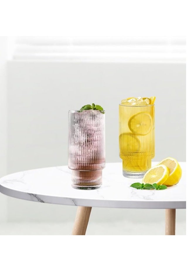 Generic - 325ML Ribbed Glasses Set of 4 Ribbed Drinking Glasses Stackable Ripple Glasses Vintage Origami Style Glass Cups Water Glasses for Cocktails Tea Coffee - Image 1