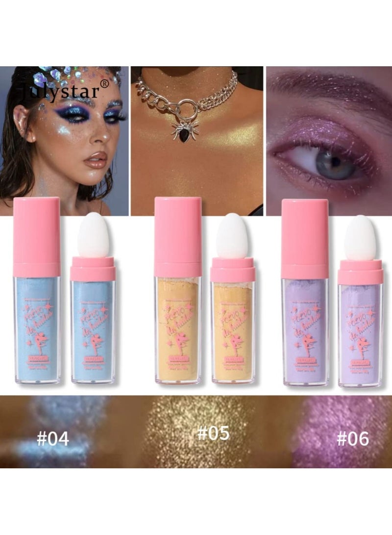 SYOSI 3 Colors Body Glitter Highlighter Powder Stick, Body Face Glitter Powder Stick, High Gloss Fairy Glitter, Sparkle Patting Powder for Face Eyes Lips Hair Body - Image 3