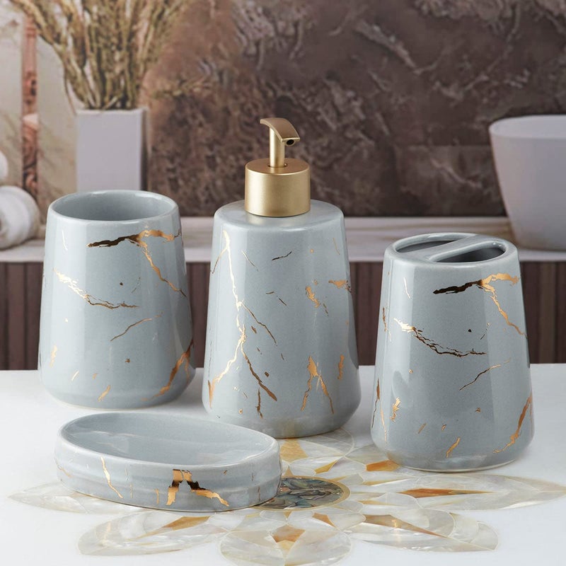 SaSaSa Ceramic Bathroom Accessories Set of 4 Modern Bath Set with Soap Dispenser Toothbrush Holder Luxury Home Gift Idea GreyGold 9748 - Image 1