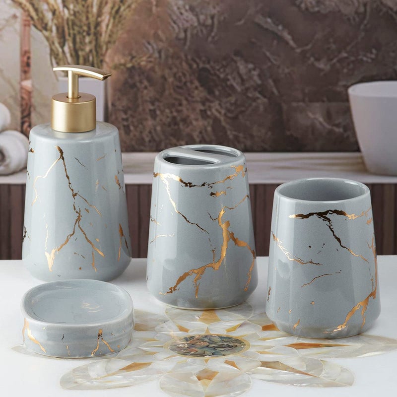 SaSaSa Ceramic Bathroom Accessories Set of 4 Modern Bath Set with Soap Dispenser Toothbrush Holder Luxury Home Gift Idea GreyGold 9748 - Image 2