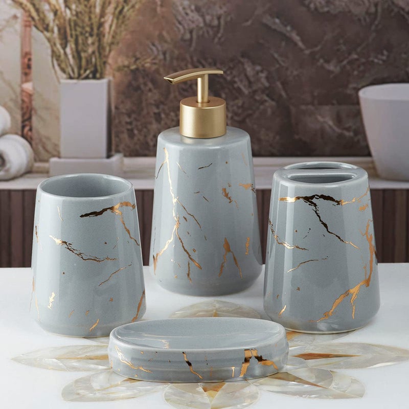 SaSaSa Ceramic Bathroom Accessories Set of 4 Modern Bath Set with Soap Dispenser Toothbrush Holder Luxury Home Gift Idea GreyGold 9748 - Image 4