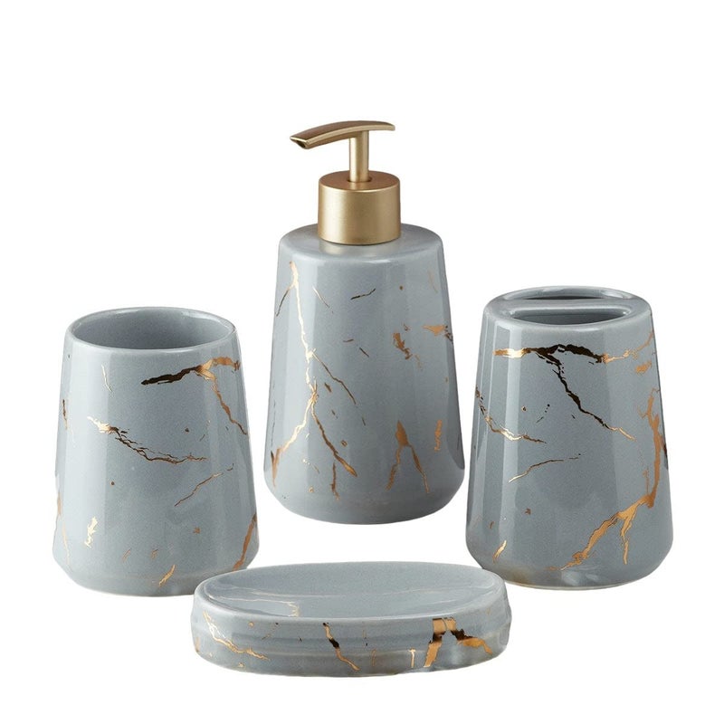 SaSaSa Ceramic Bathroom Accessories Set of 4 Modern Bath Set with Soap Dispenser Toothbrush Holder Luxury Home Gift Idea GreyGold 9748 - Image 5