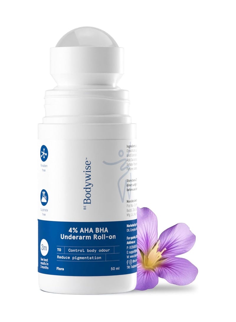 Be Bodywise 4% AHA BHA Underarm Roll On | 2% Lactic Acid, 1% Salicylic Acid | Controls Odour & Reduces Pigmentation, Kills Bacteria for Radiant Underarm | Aqua Fragrance | 50ml - Image 1
