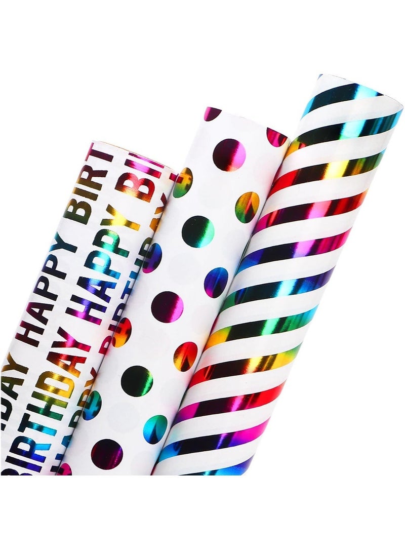 CUNUUDOOL 3 PCS Birthday Gift Wrap Paper Iridescent Gift Wrapping Paper Mini Roll, 3 Rolls Happy Birthday Polka Dots Stripes Printed Assortment,43×300cm,Per Roll. - Image 1