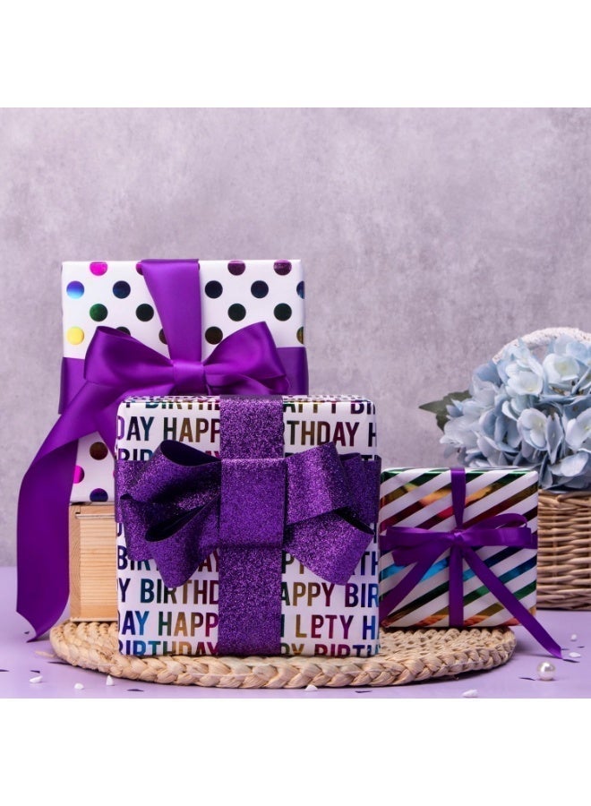 CUNUUDOOL 3 PCS Birthday Gift Wrap Paper Iridescent Gift Wrapping Paper Mini Roll, 3 Rolls Happy Birthday Polka Dots Stripes Printed Assortment,43×300cm,Per Roll. - Image 2