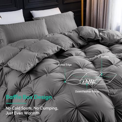 Three Geese Pinch Pleat Feather Down Fiber Comforter - All-Season Down Duvet Insert Fluffy Baffle Box Design with 8 Corner Loops for Warmth and Softness. - Image 4
