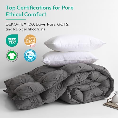 Three Geese Pinch Pleat Feather Down Fiber Comforter - All-Season Down Duvet Insert Fluffy Baffle Box Design with 8 Corner Loops for Warmth and Softness. - Image 3