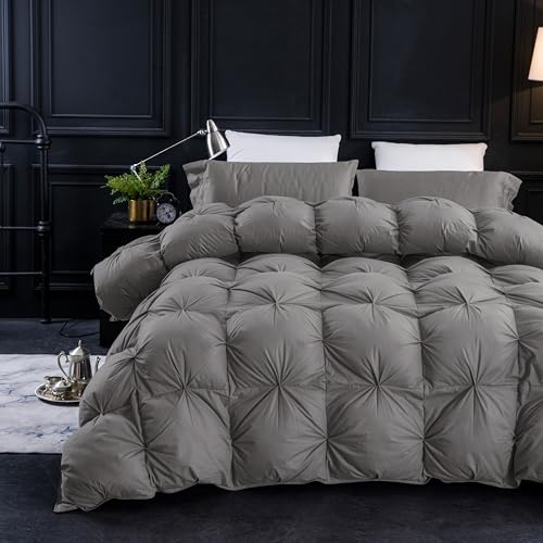 Three Geese Pinch Pleat Feather Down Fiber Comforter - All-Season Down Duvet Insert Fluffy Baffle Box Design with 8 Corner Loops for Warmth and Softness. - Image 1