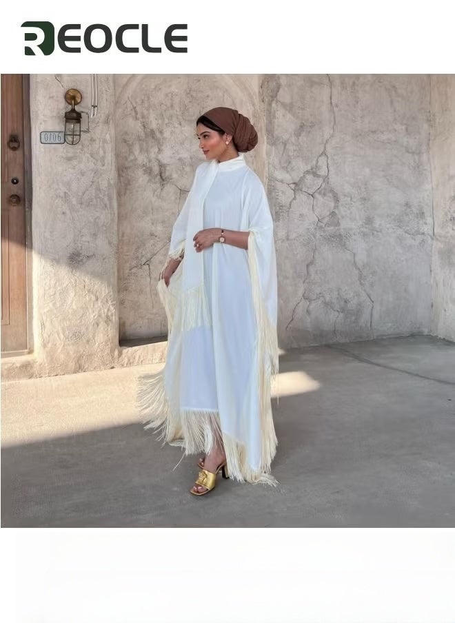 REOCLE Women's  Bohemian Long Dress Batwing Sleeve Fringed Kaftan Fashion Modest Party Dress with Lightweight and Tassel Green  - Image 4