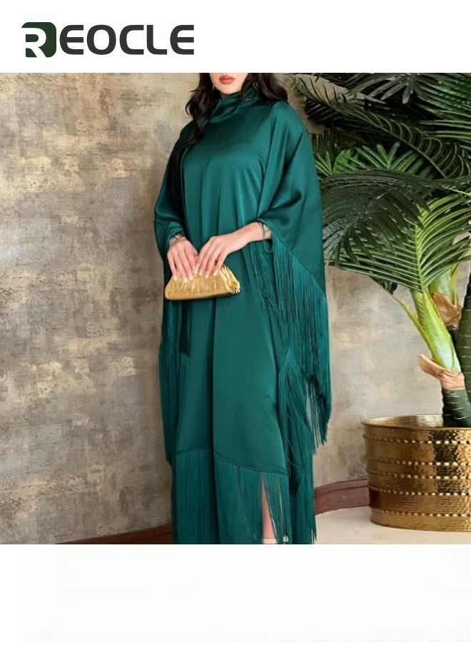 REOCLE Women's  Bohemian Long Dress Batwing Sleeve Fringed Kaftan Fashion Modest Party Dress with Lightweight and Tassel Green  - Image 2