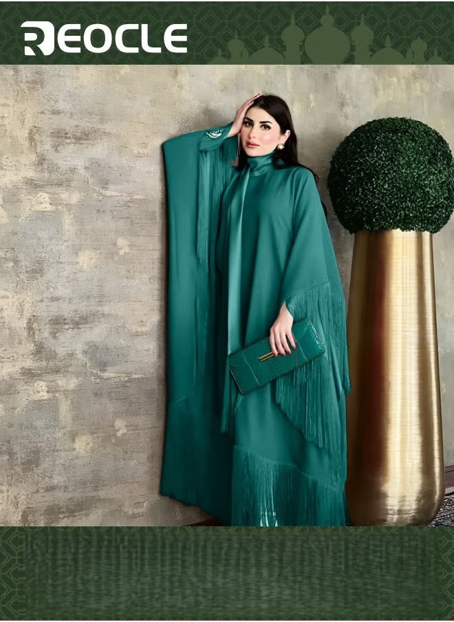 REOCLE Women's  Bohemian Long Dress Batwing Sleeve Fringed Kaftan Fashion Modest Party Dress with Lightweight and Tassel Green  - Image 1