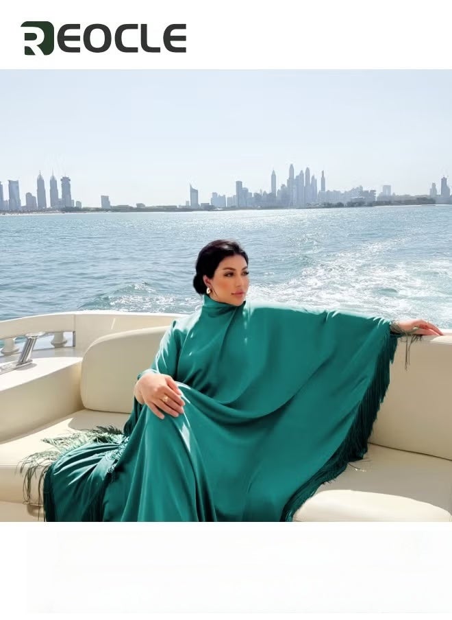 REOCLE Women's  Bohemian Long Dress Batwing Sleeve Fringed Kaftan Fashion Modest Party Dress with Lightweight and Tassel Green  - Image 3