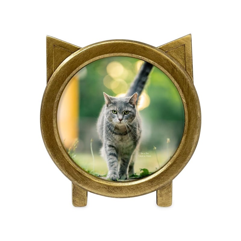 Isaac Jacobs 5x5 Round Resin Sentiment Cat Picture Frame with Ears  Photo Tabletop & Wall Display Hanging Display & Home D?cor (Gold) - Image 2