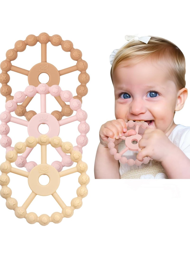 CMGTYYD 3 Pack Teething Toys, Silicone Teething Rings Toys for Baby, BPA Free Baby Teethers for 0-3-6-12-24 Months, Babies Teething Relief, New Born Accessories-White Pink Coffee  - Image 1