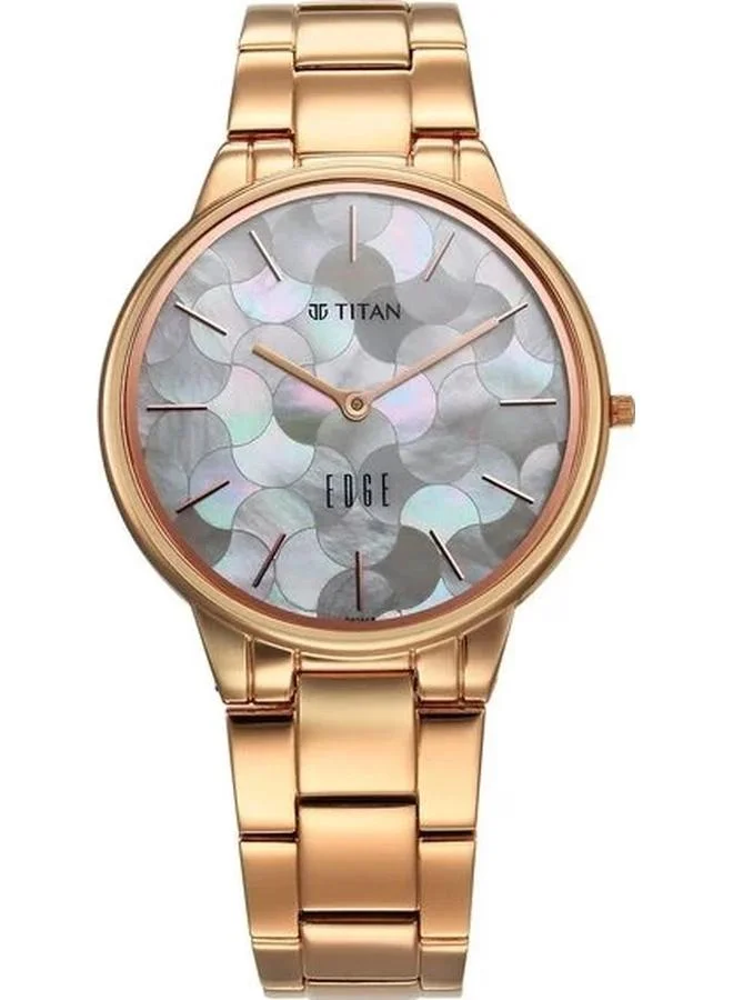 تيتان ساعة نسائية بعقارب وسوار ستانلس ستيل ذهبي وردي