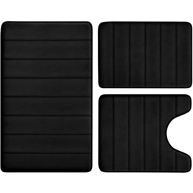 BYSURE Black Memory Foam Bathroom Rug Set 3 Piece Non Slip Extra Soft Absorbent Washable  Dry Toilet Bath Mat Sets