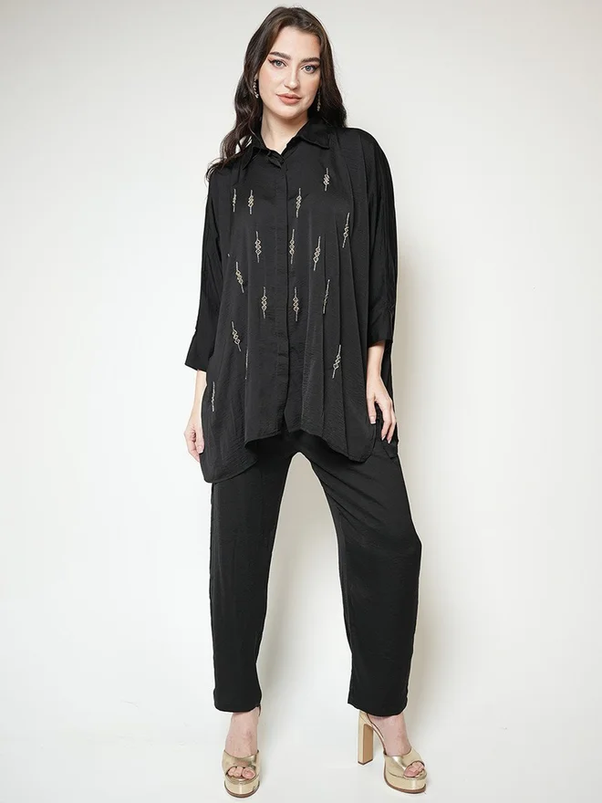 Elena By DStyle Matte Satin Beaded Shirt and Pants Modest Set