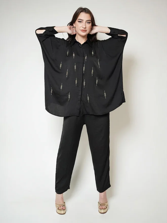 Elena By DStyle Matte Satin Beaded Shirt and Pants Modest Set
