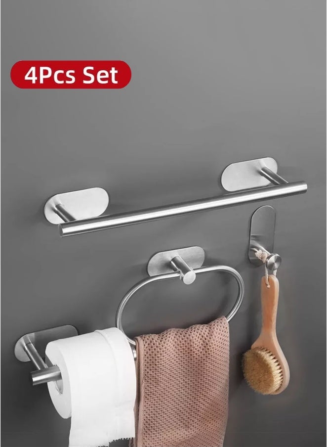 مجموعة منظم أدوات الحمام، 4 قطع من ملحقات الحمام، حامل مناشف بدون حفر، مثبت على الحائط، مصنوع من الفولاذ المقاوم للصدأ باللون الفضي غير اللامع، يتضمن قضيب مناشف الحمام، حامل ورق التواليت، حلقة منشفة، خطاف للصابون والشامبو - Image 1