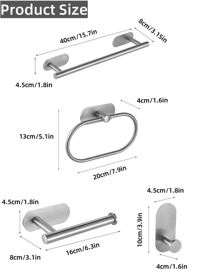 مجموعة منظم أدوات الحمام، 4 قطع من ملحقات الحمام، حامل مناشف بدون حفر، مثبت على الحائط، مصنوع من الفولاذ المقاوم للصدأ باللون الفضي غير اللامع، يتضمن قضيب مناشف الحمام، حامل ورق التواليت، حلقة منشفة، خطاف للصابون والشامبو - Image 2