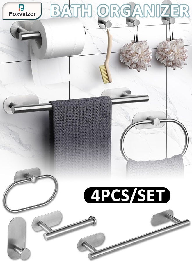 Poxvalzor Bathroom Hardware Set Organizer Rack, 4Pcs Bathroom Accessories Kit No Drill Towel Holder Sticky on Wall Mounted, Stainless Steel Matte silvery, Includes Bath Towel Bar, Toilet Paper Holder, Towel Ring, Hook for Soap and Shampoo - Image 1