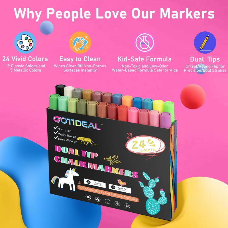 GOTIDEAL Chalk Markers Dual Tips,Erasable Liquid Chalk Marker for Blackboard,Washable Chalk Pens for Auto,Car,Glass,Mirror,Chalkboard,Window markers,24 Colors Chalk Board Markers with Metallic Colors - Image 2