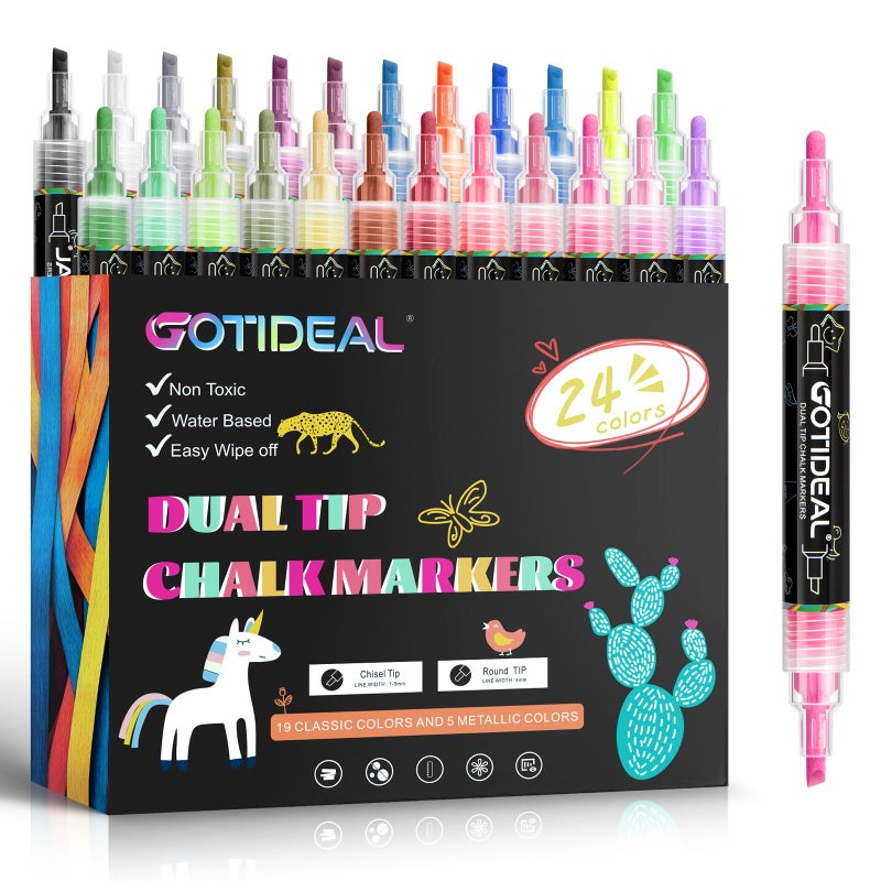 GOTIDEAL Chalk Markers Dual Tips,Erasable Liquid Chalk Marker for Blackboard,Washable Chalk Pens for Auto,Car,Glass,Mirror,Chalkboard,Window markers,24 Colors Chalk Board Markers with Metallic Colors - Image 1